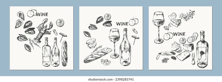 Hand drawn wine illustration set. Wine bottle, wineglass, food snack, cheese, bread, grapes, cork, corkscrew, wine stains. For winelist, menu background, party invitation, wine tasting, culinary.