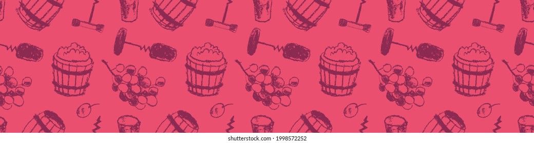 Hand drawn wine industry pattern seamless, winemaking icons, winery illustration in vector, viticulture drawings for background of wine label design, wine tasting banner, homemade wines wallpaper.