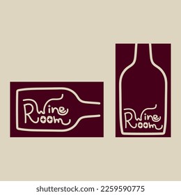 Hand drawn wine logo with shape of bottle and wine room calligraphy