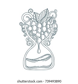 Hand drawn wine making illustration.
Wine themed logo, design element or background.
Sketch style design.