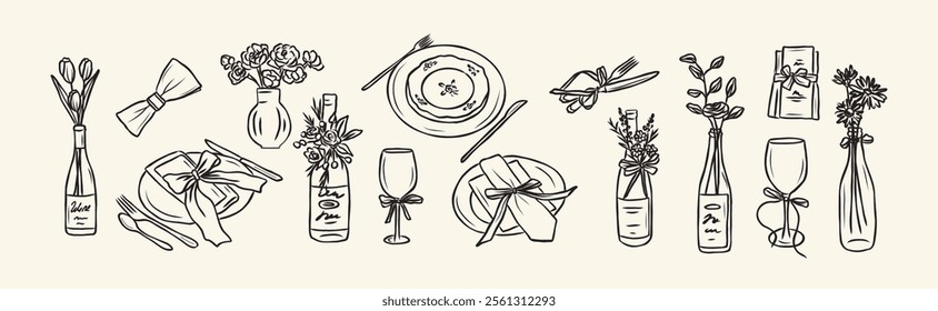 Hand drawn wine party tableware elements