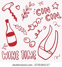 Hand Drawn Wine Set with Bottle Olives and Corkscrew Doodle Style Illustration
