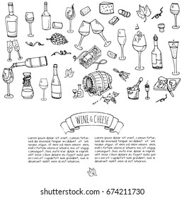 Hand drawn wine set icons Vector illustration Sketchy wine tasting elements collection Winery objects Cartoon symbols Vineyard background Vine Vineland Grape Glass Bottle Cheese Oak barrel Opener