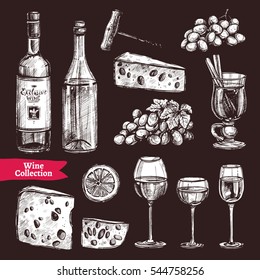 Hand Drawn Wine Set On Chalkboard. Sketch Style Illustration