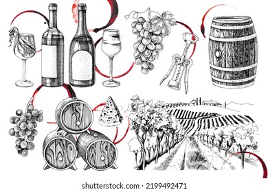 Hand drawn wine set sketches. Wine and winemaking