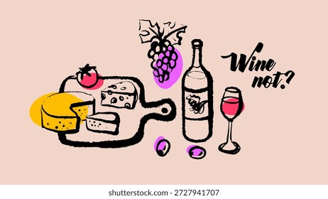 Conjunto de vino dibujado a mano. Vector boceto línea arte doodle ilustración. Comida y bebidas mediterráneas. Fondo del menú de la barra de vino