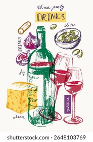 Hand drawn wine and snack illustration. Wine bottle, glass, cheese, olives, fig. For wine party invitation, kitchen poster.