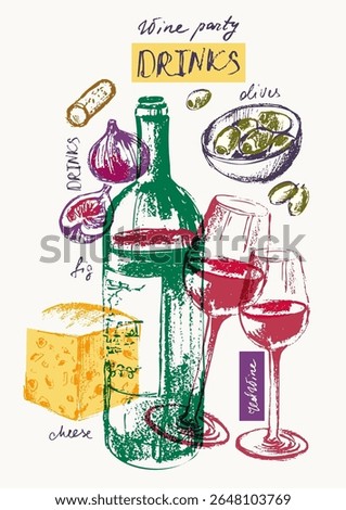 Hand drawn wine and snack illustration. Wine bottle, glass, cheese, olives, fig. For wine party invitation, kitchen poster.