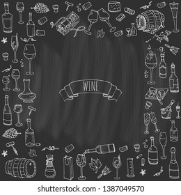 Hand drawn wine tasting icons set Vector illustration Sketchy liquor elements collection Cartoon alcohol symbols Vineyard background  Winery objects Grape. Glass Cheese Cork Barrel. Sparkling. Boose. 