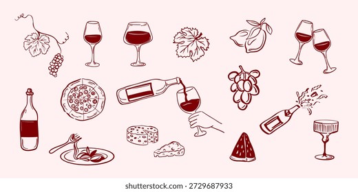 Hand drawn wine tasting set with glasses, bottles, grapes, cheese, pizza and food elements. Vintage doodle style vector illustration.