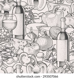 Hand drawn wine and vegetables seamless vector background