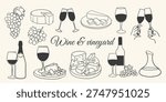 Hand drawn wine and vineyard doodle set. Grapes, wine glasses, bottle, cheese plate, champagne toast, decanter and vineyard icons. Vintage line art food and drink. Vector Illustration