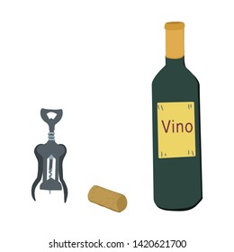 Hand drawn wing corkscrew with bottle of wine illustration on white background. Vector illustration.