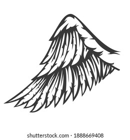 Hand drawn wing with feathers isolated on white background. Cartoon design element for tattoo, label, branding. Vintage vector illustration.