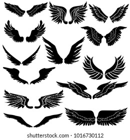 Hand drawn wing set.Sticker wing tattoo.Doodle and silhouette style wing of bird tattoo.