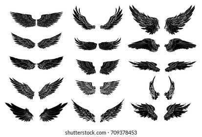 Hand drawn wing set.Sticker wing tattoo.Doodle and sketch style wing of bird tattoo.