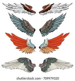 Hand drawn wing vector set.colorful Sticker wing tattoo.Doodle and sketch style tattoo.