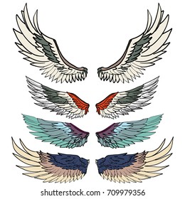 Mão desenhado asa vetor set.colors Asa adesivo tatuagem.Doodle e esboço estilo tatuagem.