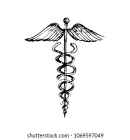 Símbolo Caduceo alado dibujado a mano. Emblemas de la idea de farmacología y salud.