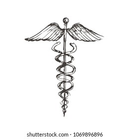 Hand drawn winged Caduceus symbol. Pharmacology and healthcare idea emblems.