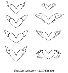 Hand drawn winged hearts. Heart doodle set.