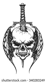 Hand drawn winged skull impaled on dagger. Vector illustration