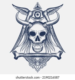 Hand drawn winged skull. Vector illustration
