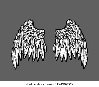 Hand drawn wings of bird. Angel engraving wing sketch tattoo sign.