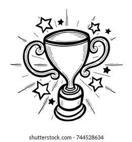 Hand Drawn Winner Trophy With Stars And Shine Background.
Sport Trophy, Winner Prize Sketch Doodle Illustration.