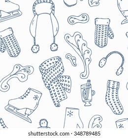 Hand drawn winter accessories outline seamless pattern. Christmas frosty decorative background. Vector illustration