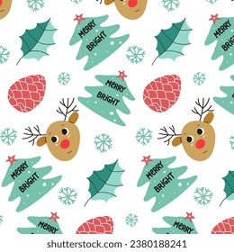 Hand drawn winter background made of doodles, snowflakes, deer and fir trees. Seamless pattern for a gift on fabric or paper for Christmas and New Year.Trendy pattern for wrapping paper and textile.