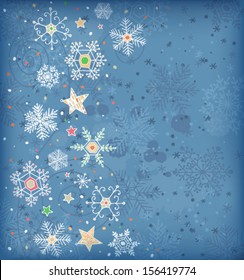 Hand - drawn winter background, white snowflakes on grunge blue background with old paper texture, Christmas illustration