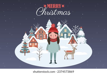 Hand drawn winter banner with girl, snowy trees, houses. Christmas design, background, poster. Wintry scenes. 