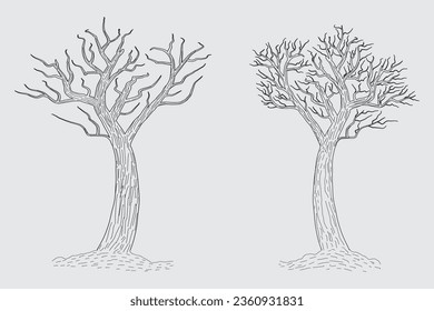 Hand gezeichnete Winter Bare Sketch Vektorgrafik, nackte Bäume Leafless alten trocken Keine Blätter Bleistiftskizze Illustration, Winter Naked Branch ohne Hinterlassen Tote Baum Zeichnung Naturwaldsymbol

