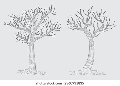 Vector de esbozo de árbol desnudo dibujado a mano, árboles desnudos Leafless dead old dry No hojas ilustración de esbozo de lápiz, rama nublada de invierno sin salir Dibujo de árbol muerto Coloración Página naturaleza del bosque icono

