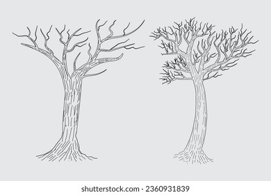Vector de esbozo de árbol desnudo dibujado a mano, árboles desnudos Leafless dead old dry No hojas ilustración de esbozo de lápiz, rama nublada de invierno sin salir Dibujo de árbol muerto Coloración Página naturaleza del bosque icono

