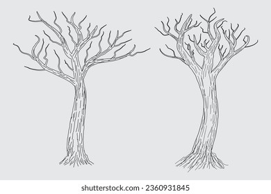 Hand drawn winter Bare Tree Sketch vector, bare Trees Leafless dead old dry No leaves pencil sketch illustration, Winter Naked Branch without leave Dead tree drawing Coloring Page nature forest icon

