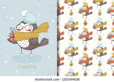 Hand drawn winter bird character in hat, sunglasses and scarf with gift. Christmas kids card template and seamless background pattern. Hand drawn shirt print design vector illustration.