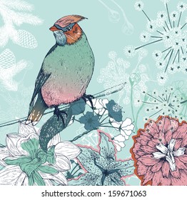 Hand drawn winter bird and flowers