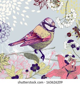 Hand drawn winter bird and flowers 