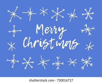 Hand drawn winter card. Blue and white background. Abstract  doodle drawing snowflake. Vector art illustration snow and text