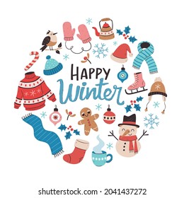 Hand drawn winter card with winter elements. Winter clothes, snowman, birds, leaves and christmas decoration. Colorful vector illustration with isolated elements.