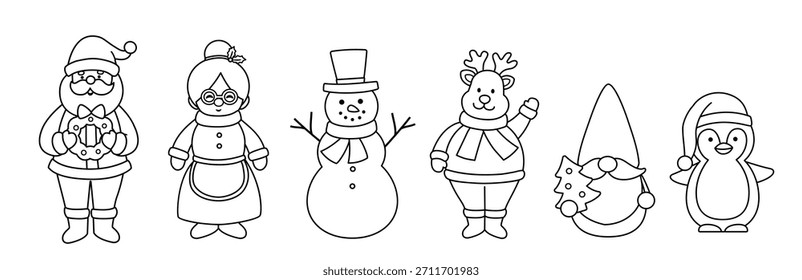 Dibujado a mano Navidades de invierno personajes de contorno, páginas para colorear para niños y Plantillas. 
Colección de Santa Claus, Sra. Claus, muñeco de nieve, reno, gnomo, pingüino.

