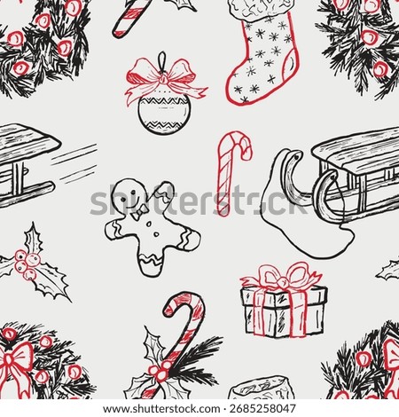 Hand drawn winter Christmas seamless pattern with sled, gingerbread cookie, christmas tree wreath, gift box, stiped candy cane, stocking. Vector sketch illustration in vintage crayon charcoal style