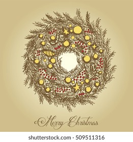 Hand drawn winter christmas wreath on door