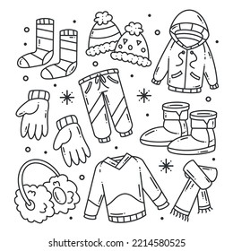 Hand drawn winter clothes for coloring