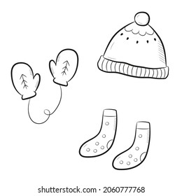Hand drawn winter clothes. Mittens, hat and socks. Cute doodles isolated on white background. Vector illustration.