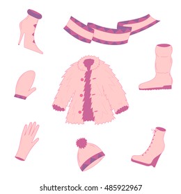 Hand Drawn Winter Clothes. Pink shoes on high heel, scarf, mitten, glove and fur coat. Vector illustration.