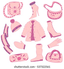 Hand Drawn Winter Clothes. Pink shoes on high heel, scarf, mitten, glove and fur coat. Vector illustration.