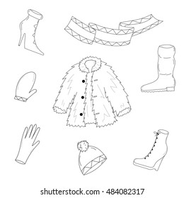 Hand Drawn Winter Clothes. Sketch drawn shoes on high heel, scarf, mitten, glove and fur coat. Vector illustration.